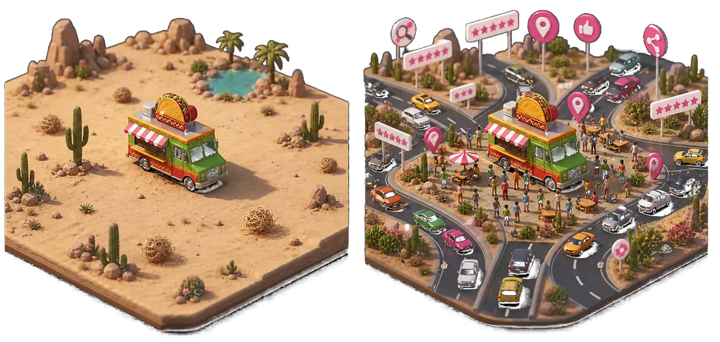 Isometric comparison of an isolated taco truck without SEO and a thriving destination connected by roads with SEO
